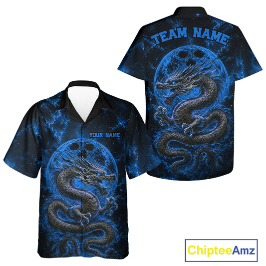 Front and back views of a blue custom bowling button-up shirt featuring an ancient dragon, flames, and a moon-inspired bowling ball design.