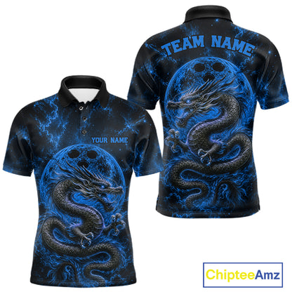 Front and back views of a blue custom men's bowling polo shirt featuring an ancient dragon, flames, and a moon-inspired bowling ball design.