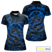 Load image into Gallery viewer, Front and back views of a blue custom women's bowling polo shirt featuring an ancient dragon, flames, and a moon-inspired bowling ball design.