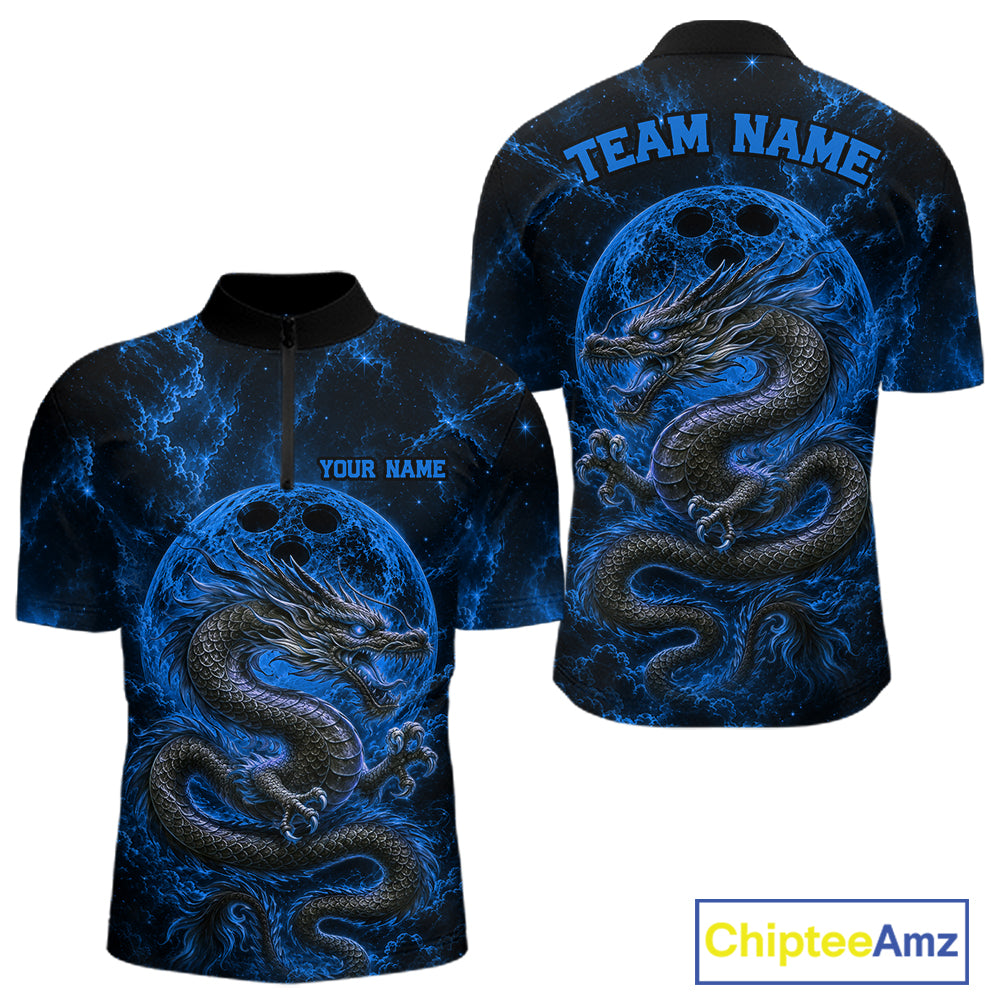 Front and back views of a blue custom quarter-zip bowling shirt featuring an ancient dragon, flames, and a moon-inspired bowling ball design.