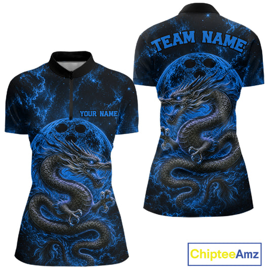 Front and back views of a blue custom women's quarter-zip bowling shirt featuring an ancient dragon, flames, and a moon-inspired bowling ball design.