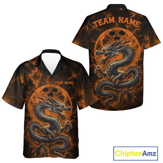 Front and back views of an orange custom bowling button-up shirt featuring an ancient dragon, flames, and a moon-inspired bowling ball design.