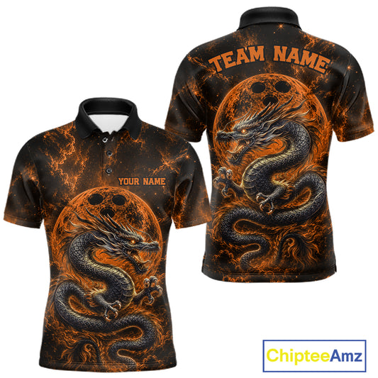 Front and back views of an orange custom men's bowling polo shirt featuring an ancient dragon, flames, and a moon-inspired bowling ball design.