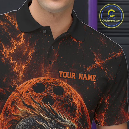 Close-up front view of the left chest area on an orange custom bowling polo shirt featuring an ancient dragon, flames, and a moon-inspired bowling ball design.