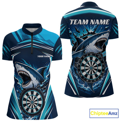 Custom Blue Shark With Broken Dartboard Darts Women Quarter-Zip Shirt IPHW11736