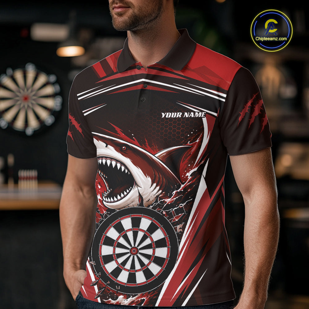 Custom Red Shark With Broken Dartboard Darts Team Polo Shirt For Men, Darts League Shirt IPHW11738