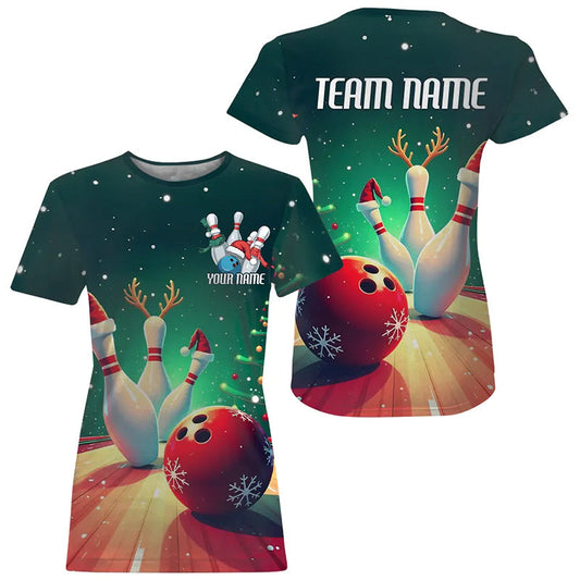 Custom Christmas Bowling Women T-Shirts, Christmas Bowling Team Tournament Outfits IPHW7841