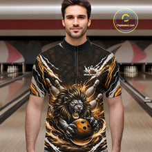 Load image into Gallery viewer, Custom Black And Gold Lion Bowling Jerseys, Lion Bowling Tournament Men Quarter-Zip Shirt IPHW10354