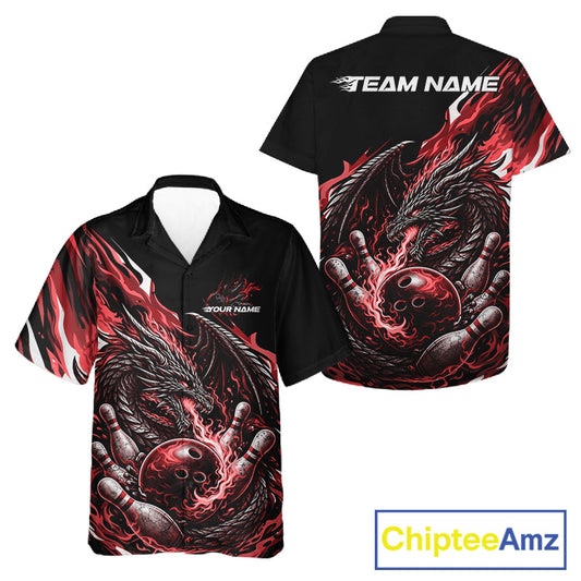 Custom Red Flame Dragon Bowling Men And Women Hawaiian Team Shirts, Bowling Tournament Shirt IPHW10360