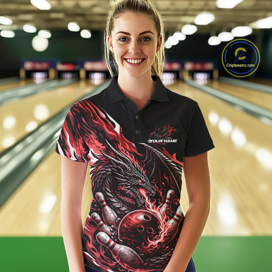Custom Red Flame Dragon Bowling Women Polo Team Shirts, Bowling Tournament Shirt IPHW10360