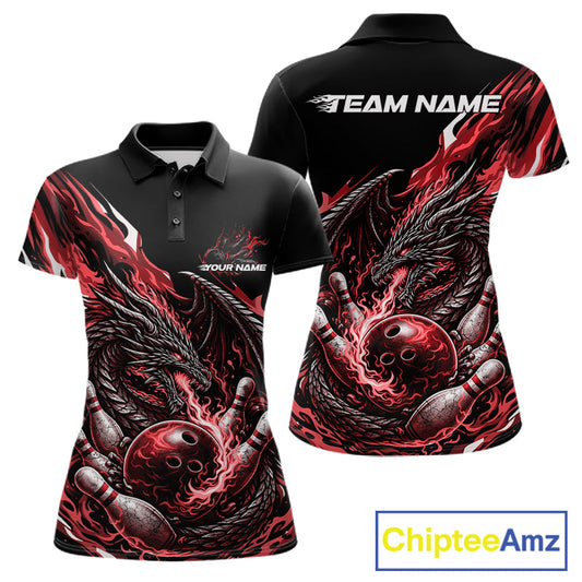 Custom Red Flame Dragon Bowling Women Polo Team Shirts, Bowling Tournament Shirt IPHW10360