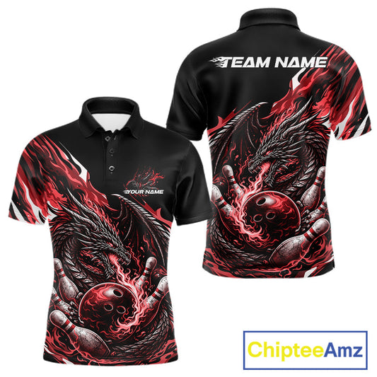 Custom Red Flame Dragon Bowling Men Polo Team Shirts, Bowling Tournament Shirt IPHW10360
