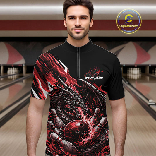 Custom Red Flame Dragon Bowling Men Quarter-Zip Team Shirts, Bowling Tournament Shirt IPHW10360