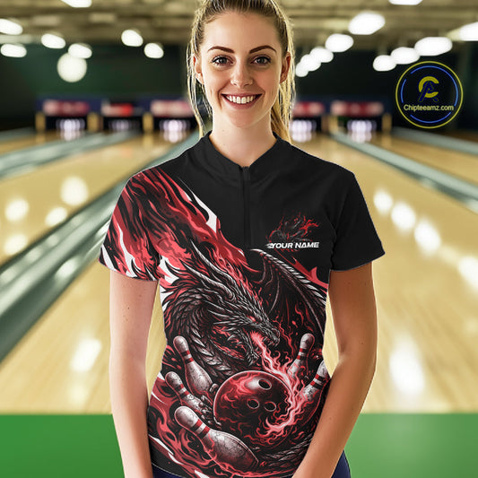 Custom Red Flame Dragon Bowling Women Quarter-Zip Team Shirts, Bowling Tournament Shirt IPHW10360
