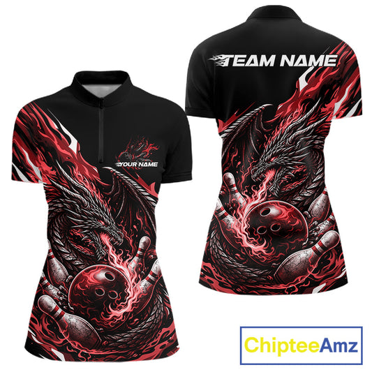 Custom Red Flame Dragon Bowling Women Quarter-Zip Team Shirts, Bowling Tournament Shirt IPHW10360