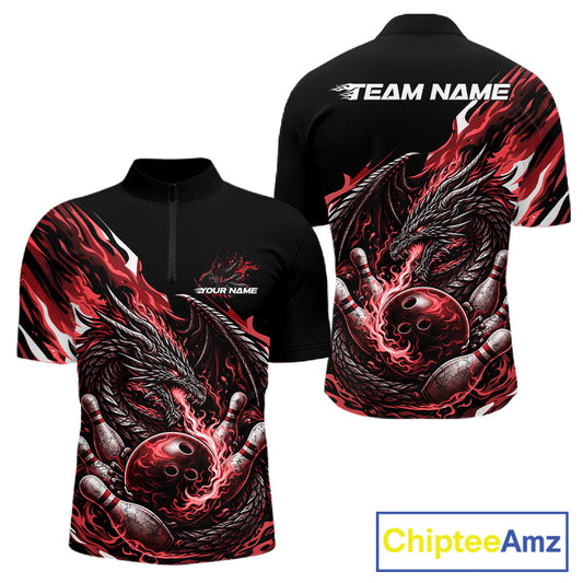 Custom Red Flame Dragon Bowling Men Quarter-Zip Team Shirts, Bowling Tournament Shirt IPHW10360