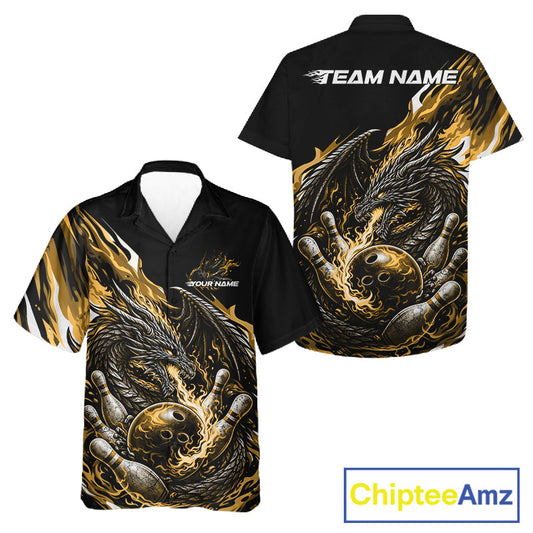 Custom Yellow Flame Dragon Bowling Men And Women Hawaiian Team Shirts, Bowling Tournament Shirt IPHW10361