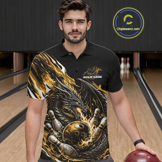 Custom Yellow Flame Dragon Bowling Men Polo Team Shirts, Bowling Tournament Shirt IPHW10361