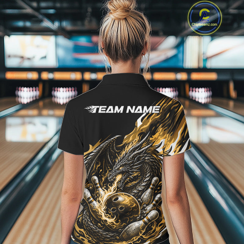 Custom Yellow Flame Dragon Bowling Women Polo Team Shirts, Bowling Tournament Shirt IPHW10361