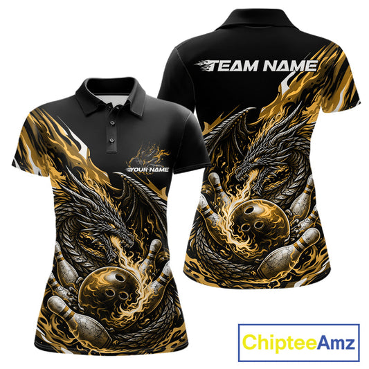 Custom Yellow Flame Dragon Bowling Women Polo Team Shirts, Bowling Tournament Shirt IPHW10361