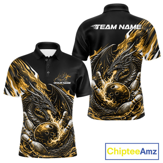 Custom Yellow Flame Dragon Bowling Men Polo Team Shirts, Bowling Tournament Shirt IPHW10361