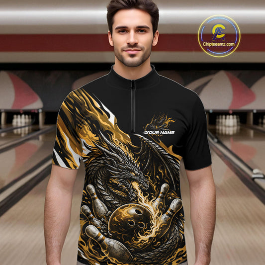 Custom Yellow Flame Dragon Bowling Men Quarter-Zip Team Shirts, Bowling Tournament Shirt IPHW10361