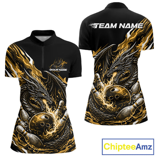 Custom Yellow Flame Dragon Bowling Women Quarter-Zip Shirts, Bowling Tournament Shirt IPHW10361