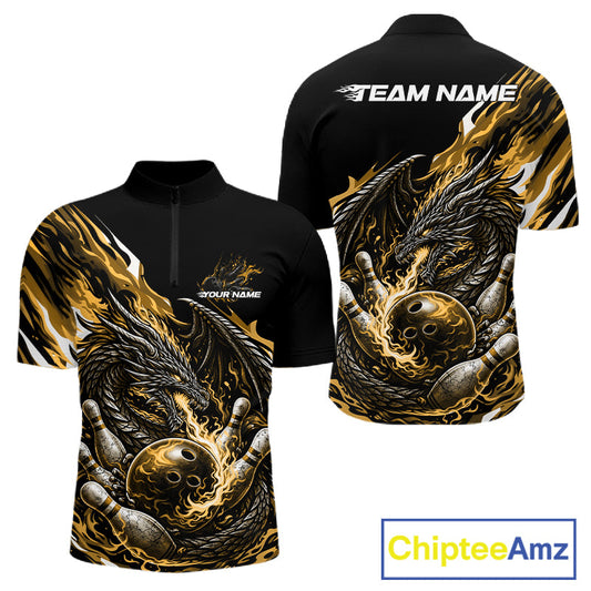 Custom Yellow Flame Dragon Bowling Men Quarter-Zip Team Shirts, Bowling Tournament Shirt IPHW10361