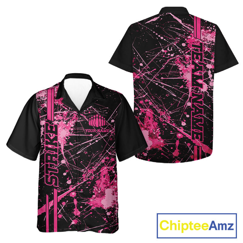 Custom Black And Pink Splatter Camo Strike Bowling League Shirts, Men And Women Bowling Jerseys IPHW10651