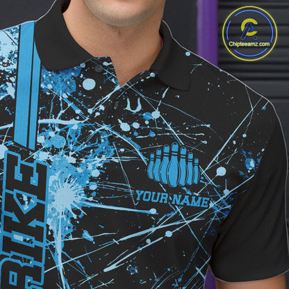 Custom Black And Blue Splatter Camo Strike Bowling League Shirts, Men Bowling Jerseys IPHW10652