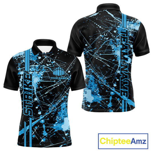Custom Black And Blue Splatter Camo Strike Bowling League Shirts, Men Bowling Jerseys IPHW10652