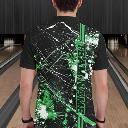 Custom Black And Green Splatter Camo Strike Bowling League Shirts, Men Bowling Jerseys IPHW10653
