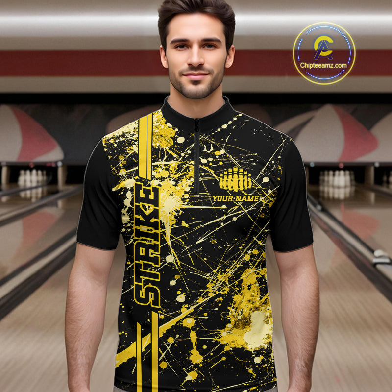 Custom Black And Yellow Splatter Camo Strike Bowling League Shirts, Men Bowling Jerseys IPHW10654