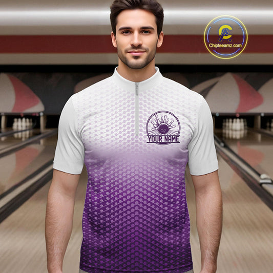 Custom Name Purple Bowling Jerseys For Men, Bowling League Quarter-Zip Shirt Bowler Outift IPHW10657