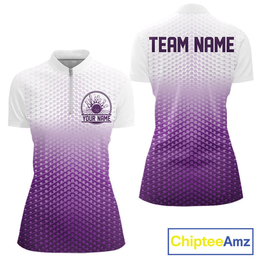 Custom Name Purple Bowling Jerseys Women, Bowling League Quarter-Zip Shirt Bowler Outift IPHW10657