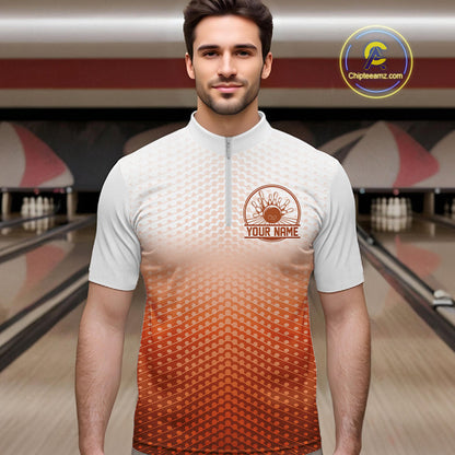 Custom Name Orange Bowling Jerseys For Men, Bowling League Quarter-Zip Shirt Bowler Outift IPHW10659