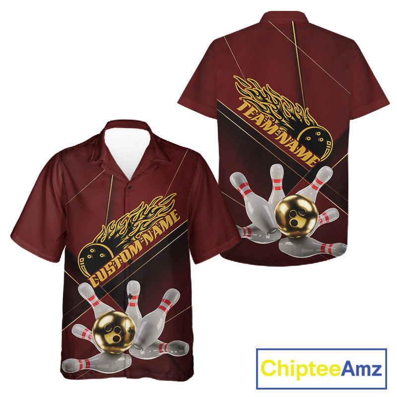 Custom Red And Gold Bowling Shirts For Men And Women, Flame Bowling Team Shirts Bowling Uniform IPHW10660