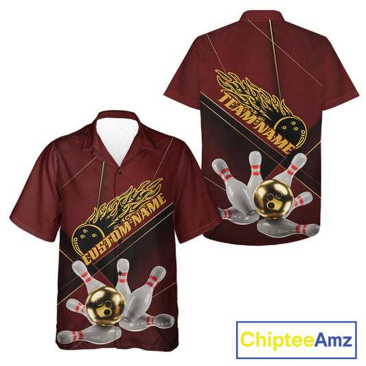 Custom Red And Gold Bowling Shirts For Men And Women, Flame Bowling Team Shirts Bowling Uniform IPHW10660