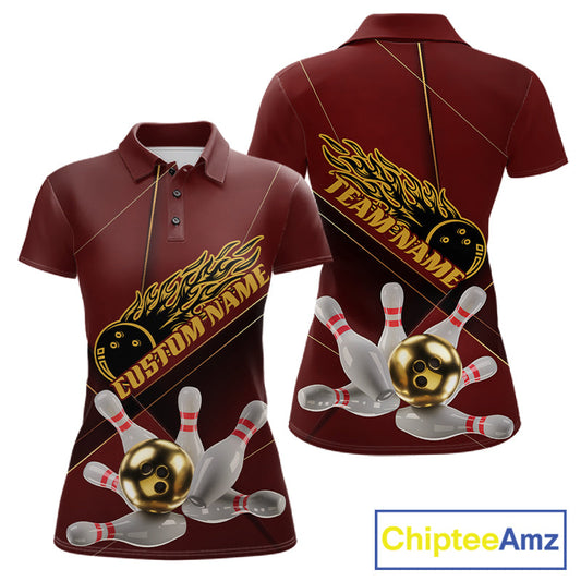 Custom Red And Gold Bowling Shirts For Women, Flame Bowling Team Shirts Bowling Uniform IPHW10660
