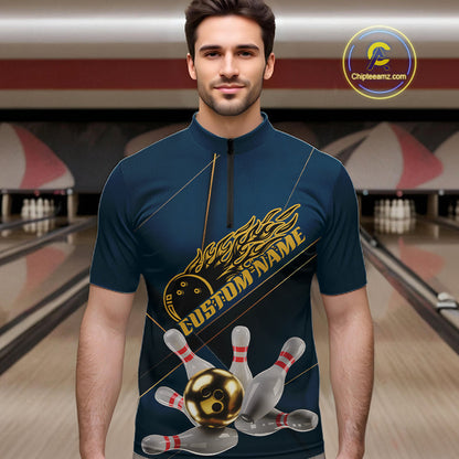 Custom Blue And Gold Bowling Shirts For Men, Flame Bowling Team Shirts Bowling Uniform IPHW10661