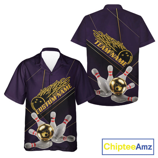 Custom Purple And Gold Bowling Shirts For Men And Women, Flame Bowling Team Shirts Bowling Uniform IPHW10662
