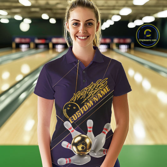 Custom Purple And Gold Bowling Shirts For Women, Flame Bowling Team Shirts Bowling Uniform IPHW10662