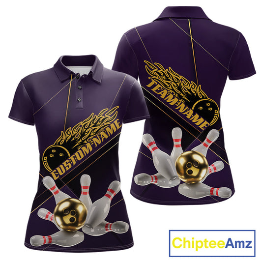 Custom Purple And Gold Bowling Shirts For Women, Flame Bowling Team Shirts Bowling Uniform IPHW10662
