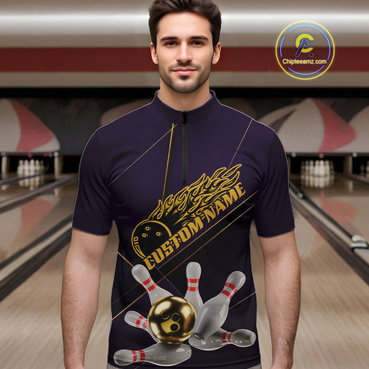 Custom Purple And Gold Bowling Shirts For Men, Flame Bowling Team Shirts Bowling Uniform IPHW10662