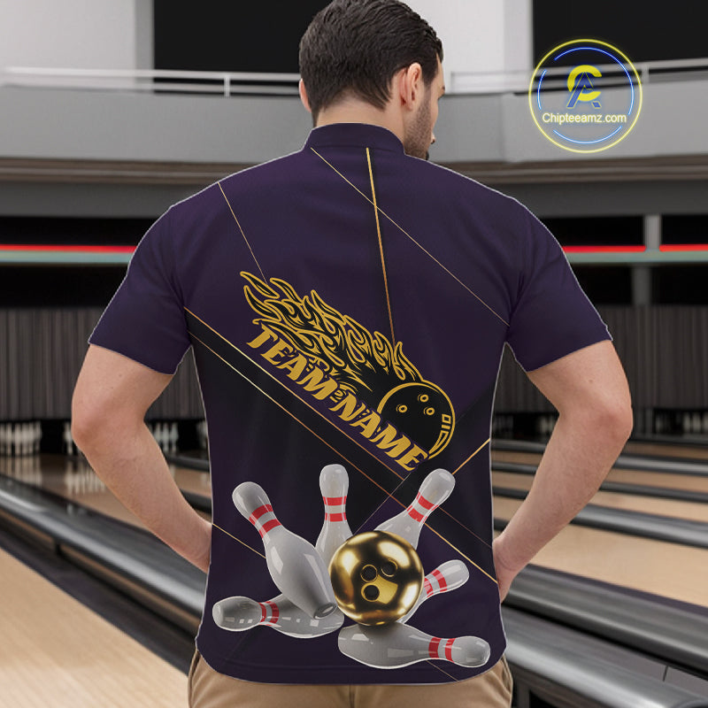 Custom Purple And Gold Bowling Shirts For Men, Flame Bowling Team Shirts Bowling Uniform IPHW10662