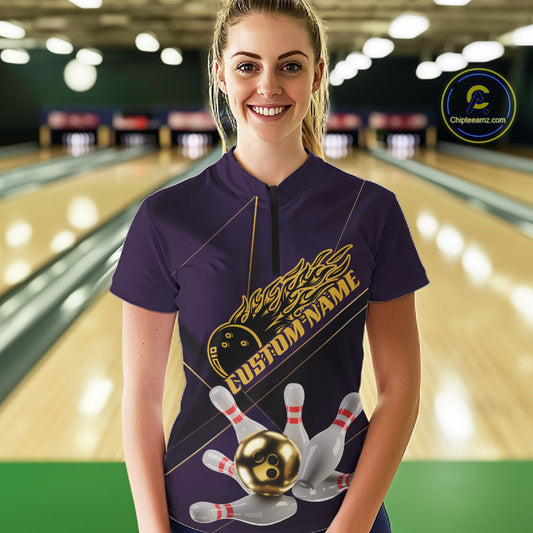 Custom Purple And Gold Bowling Shirts For Women, Flame Bowling Team Shirts Uniform IPHW10662