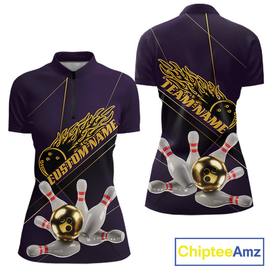 Custom Purple And Gold Bowling Shirts For Women, Flame Bowling Team Shirts Uniform IPHW10662