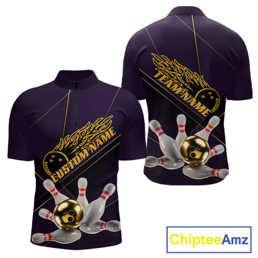 Custom Purple And Gold Bowling Shirts For Men, Flame Bowling Team Shirts Bowling Uniform IPHW10662