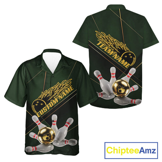 Custom Green And Gold Bowling Shirts For Men And Women, Flame Bowling Team Shirts Bowling Uniform IPHW10663