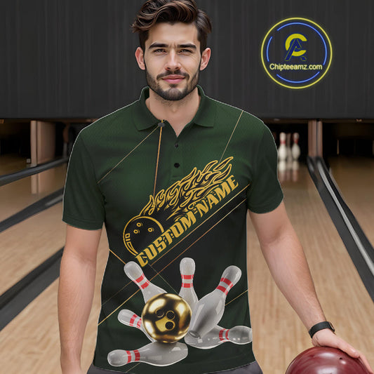 Custom Green And Gold Bowling Shirts For Men, Flame Bowling Team Shirts Bowling Uniform IPHW10663
